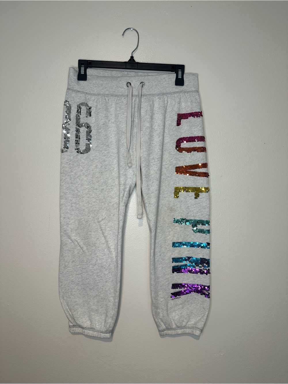 LOVE PINK Victoria's Secret Sequin Logo Grey Joggers Small Y2K 2012 Rare